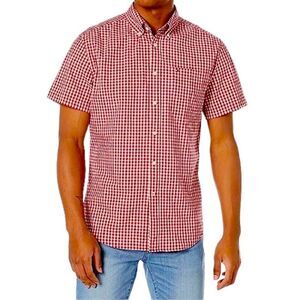 Tommy Hilfiger Men’s Short Sleeve Button Down Cotton Red White Shirt Size 17 XL
